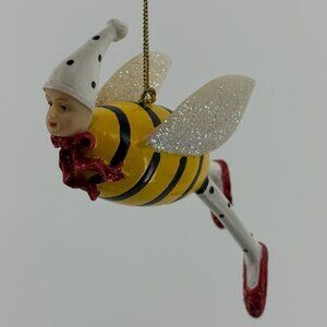 Anthropomorphic Flying Bumble Bee Ornament, Glitter Wings, Red Bow & Shoes
